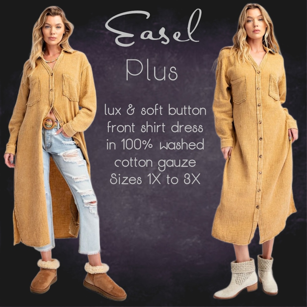 EASEL “Irresistible” Lux Mineral Washed Buttoned Relaxed Fit Shirt Dress Pockets